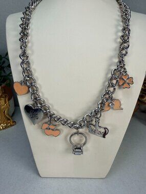 Juicy Couture Silver Tone Multi Charms Statement Necklace Pink Accents